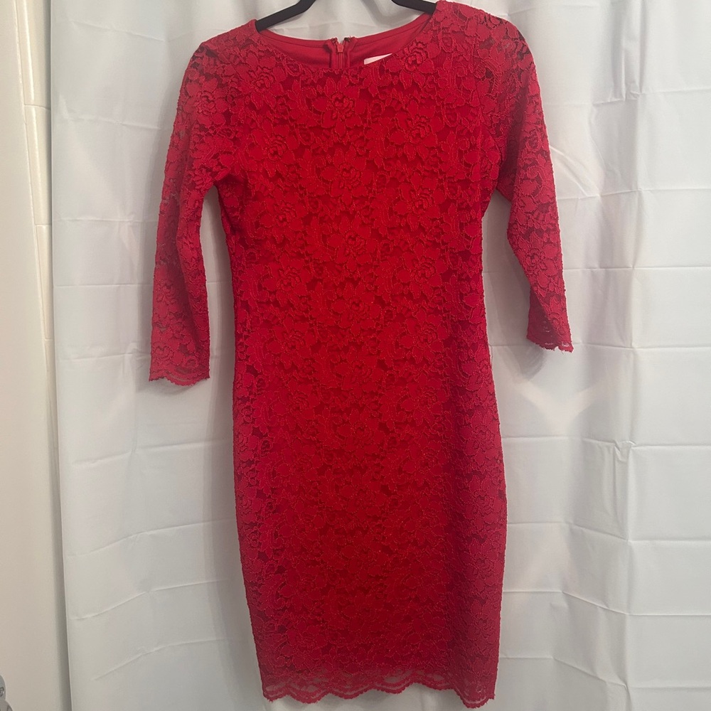 Calvin Klein Red Lace Long Sleeve Dress